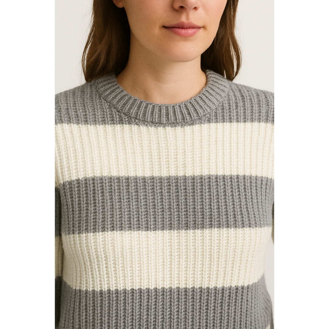 Suéter Feminino Tricot Cinza com Branco