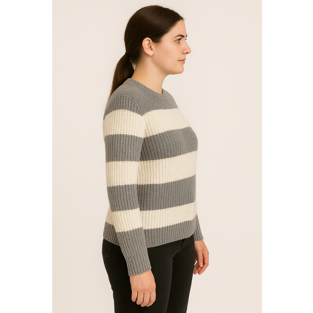 Suéter Feminino Tricot Cinza com Branco