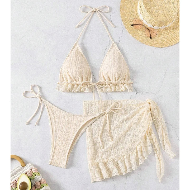 Biquíni Feminino com Babados e Top Halter – Conjunto 3 Peças