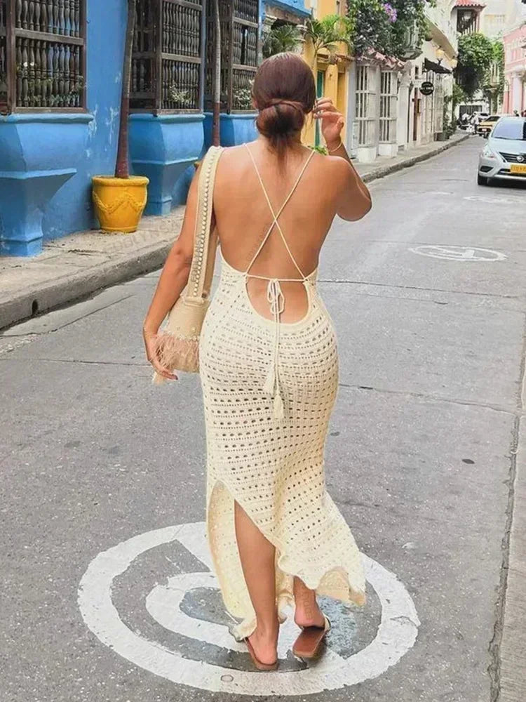 Vestido Longo Knit com Recortes e Franjas – Saída de Praia Feminina