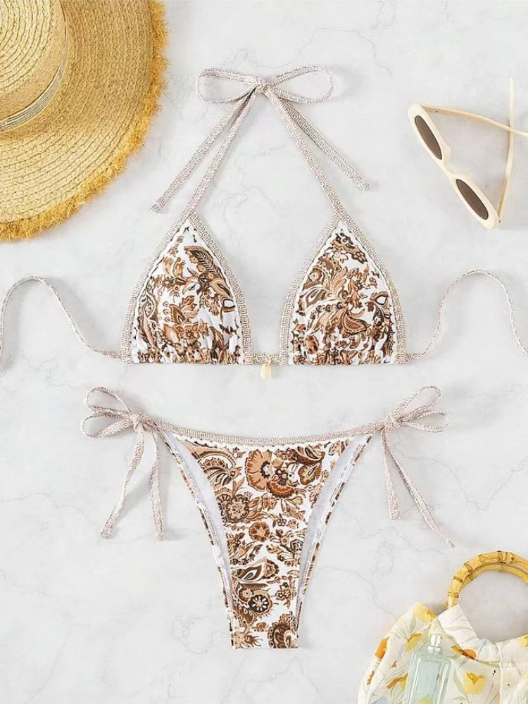 Biquíni 2 Peças - Estilo Halter com Estampa Moderna, Sem Aro