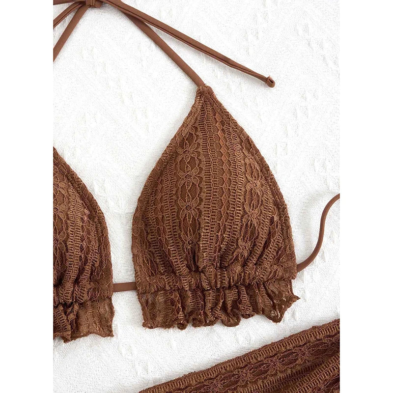 Biquíni Feminino com Babados e Top Halter – Conjunto 3 Peças