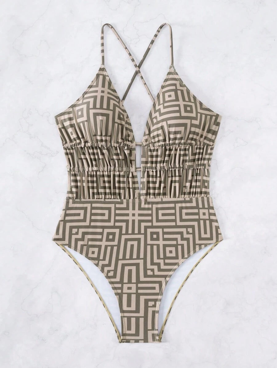 Maiô Estampado Com Recorte E Franzido