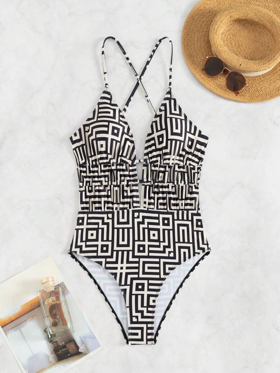 Maiô Estampado Com Recorte E Franzido