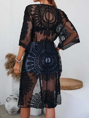 Kimono Transparente Bordado Com Cinto