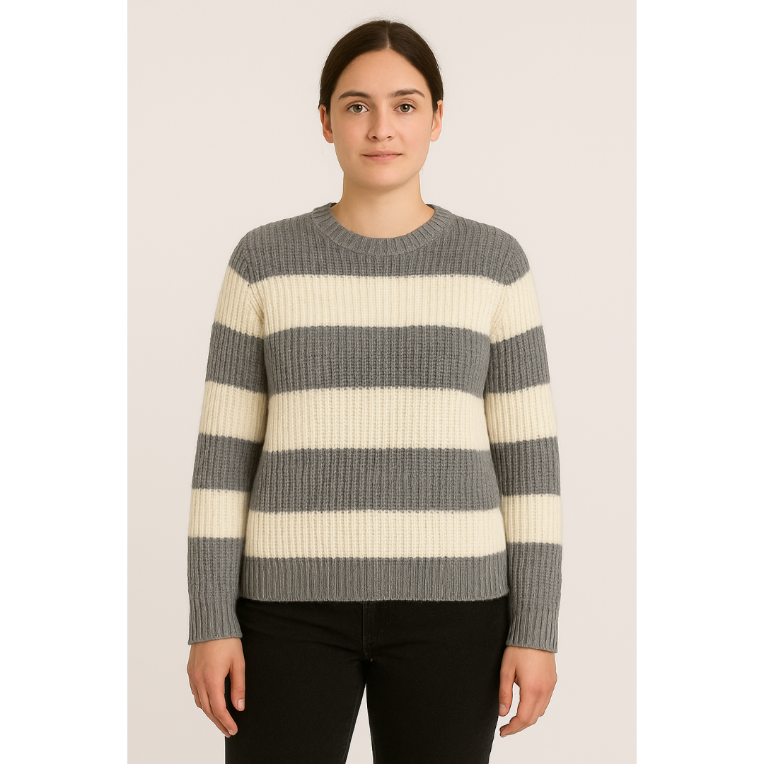 Suéter Feminino Tricot Cinza com Branco