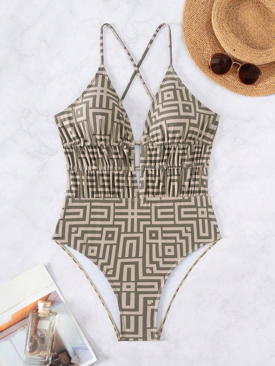 Maiô Estampado Com Recorte E Franzido