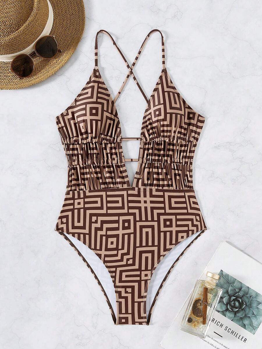 Maiô Estampado Com Recorte E Franzido