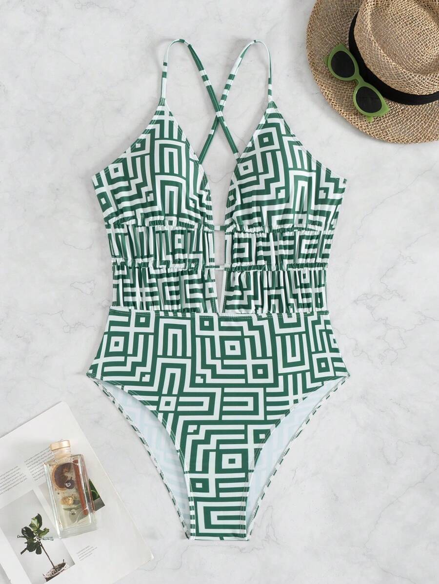 Maiô Estampado Com Recorte E Franzido