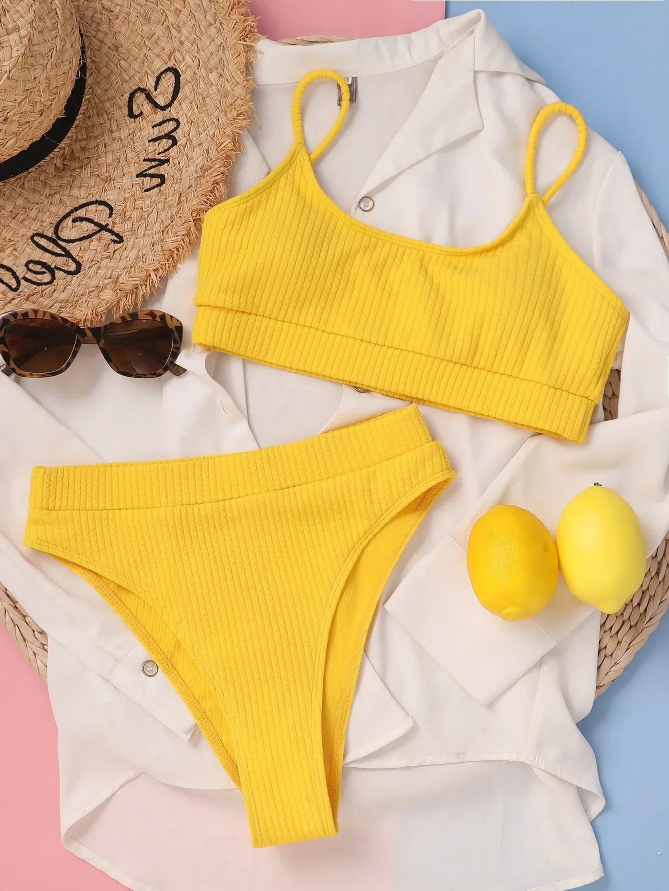 Biquíni Feminino Amarelo de Cintura Alta com Top de Amarração – Daxiyee