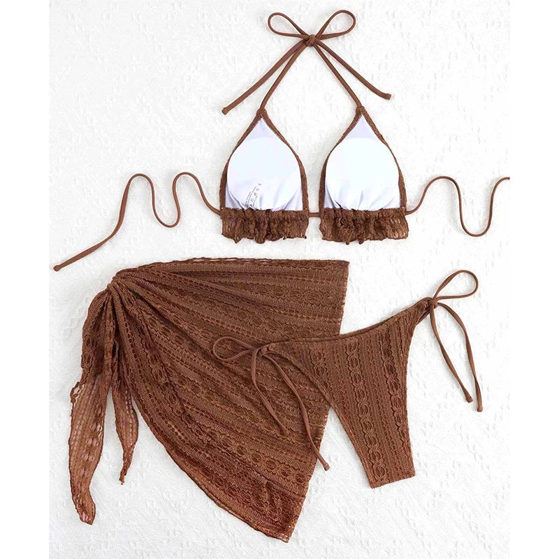 Biquíni Feminino com Babados e Top Halter – Conjunto 3 Peças
