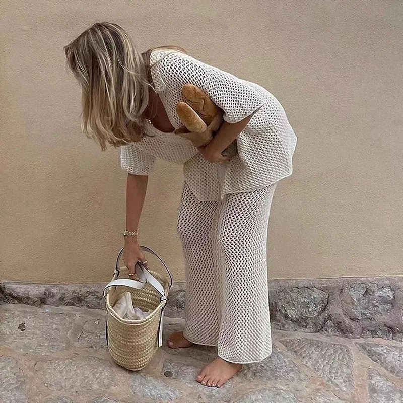Conjunto Beach Cover Up  – Cardigan Tricô Hollow Out + Calça Reta Polovedo