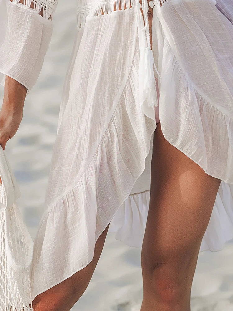 Saída de Praia Kimono Longo Crochet Boho Patchwork Lace-Up – Cover Up Feminino