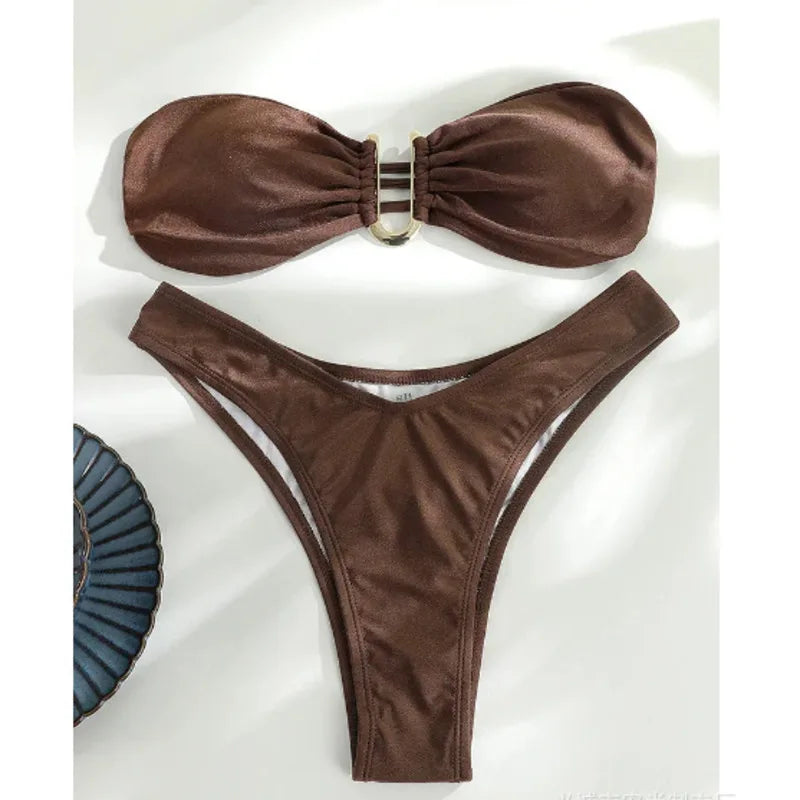 Biquíni Feminino 2025 Bandeau com Argola – Conjunto Brasileiro 2 Peças