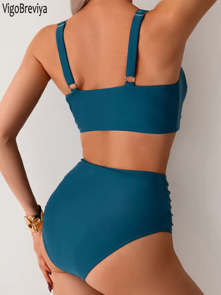 Biquíni Azul High Waist com Alças Cruzadas