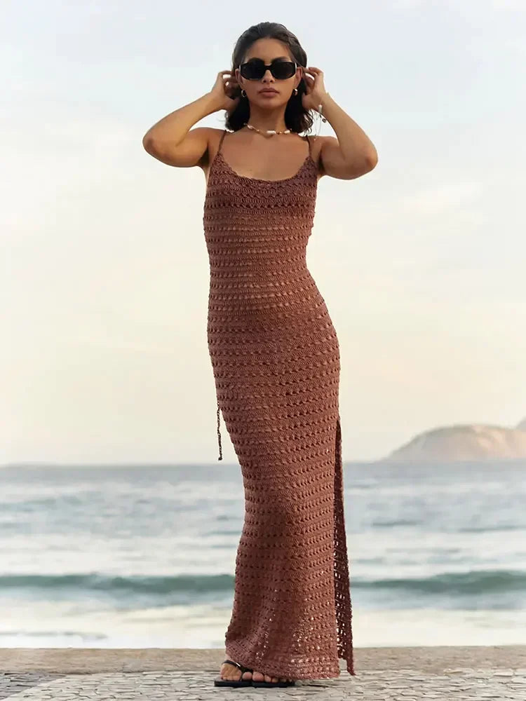 Vestido Longo Knit com Recortes e Franjas – Saída de Praia Feminina