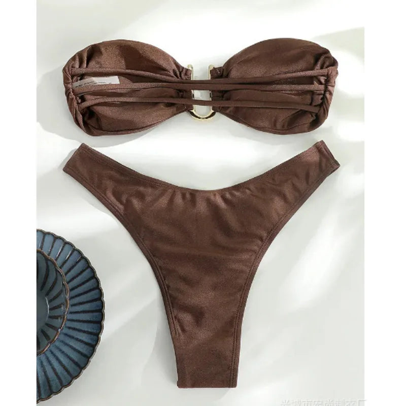 Biquíni Feminino 2025 Bandeau com Argola – Conjunto Brasileiro 2 Peças
