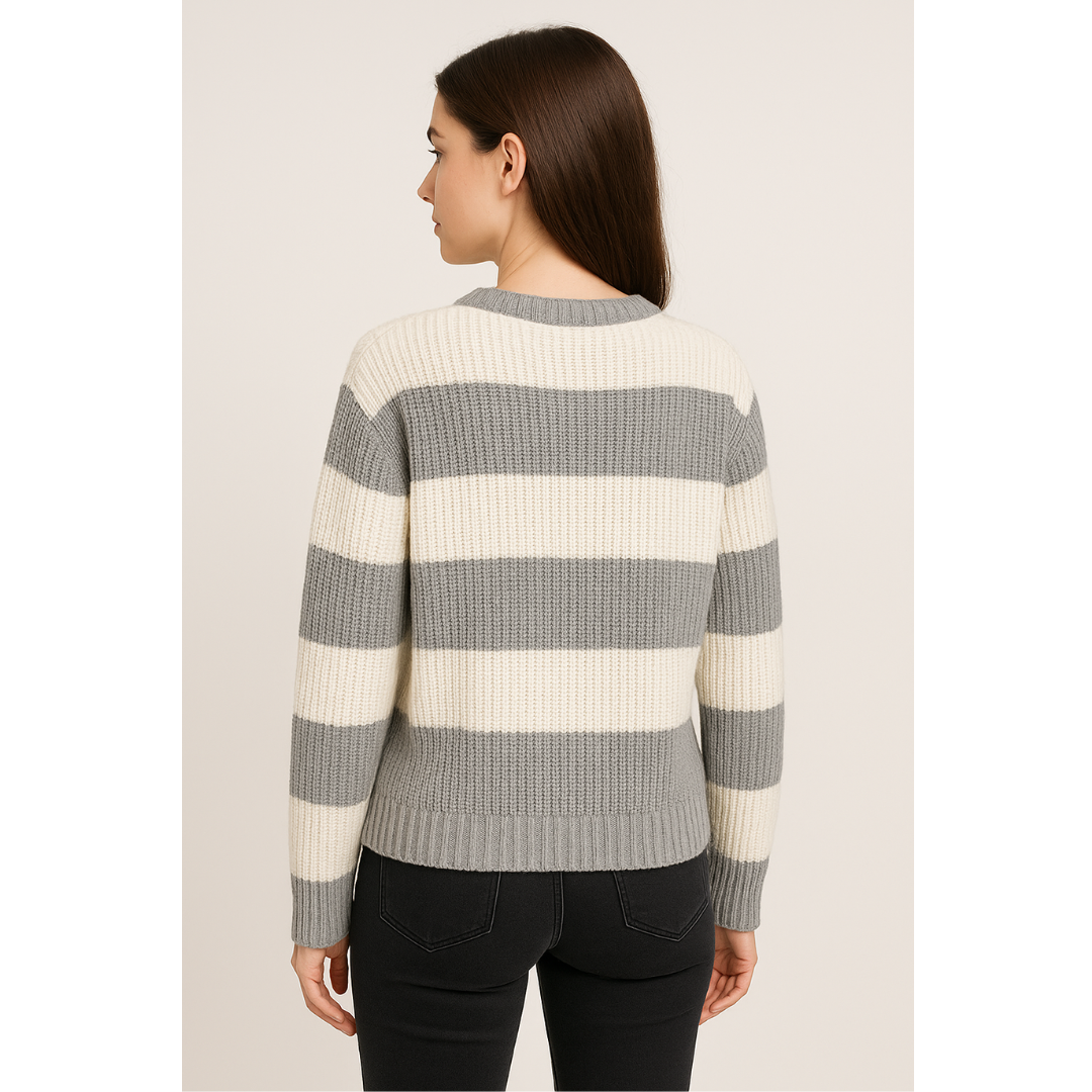 Suéter Feminino Tricot Cinza com Branco