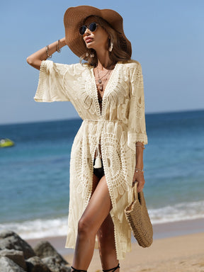 Kimono Transparente Bordado Com Cinto
