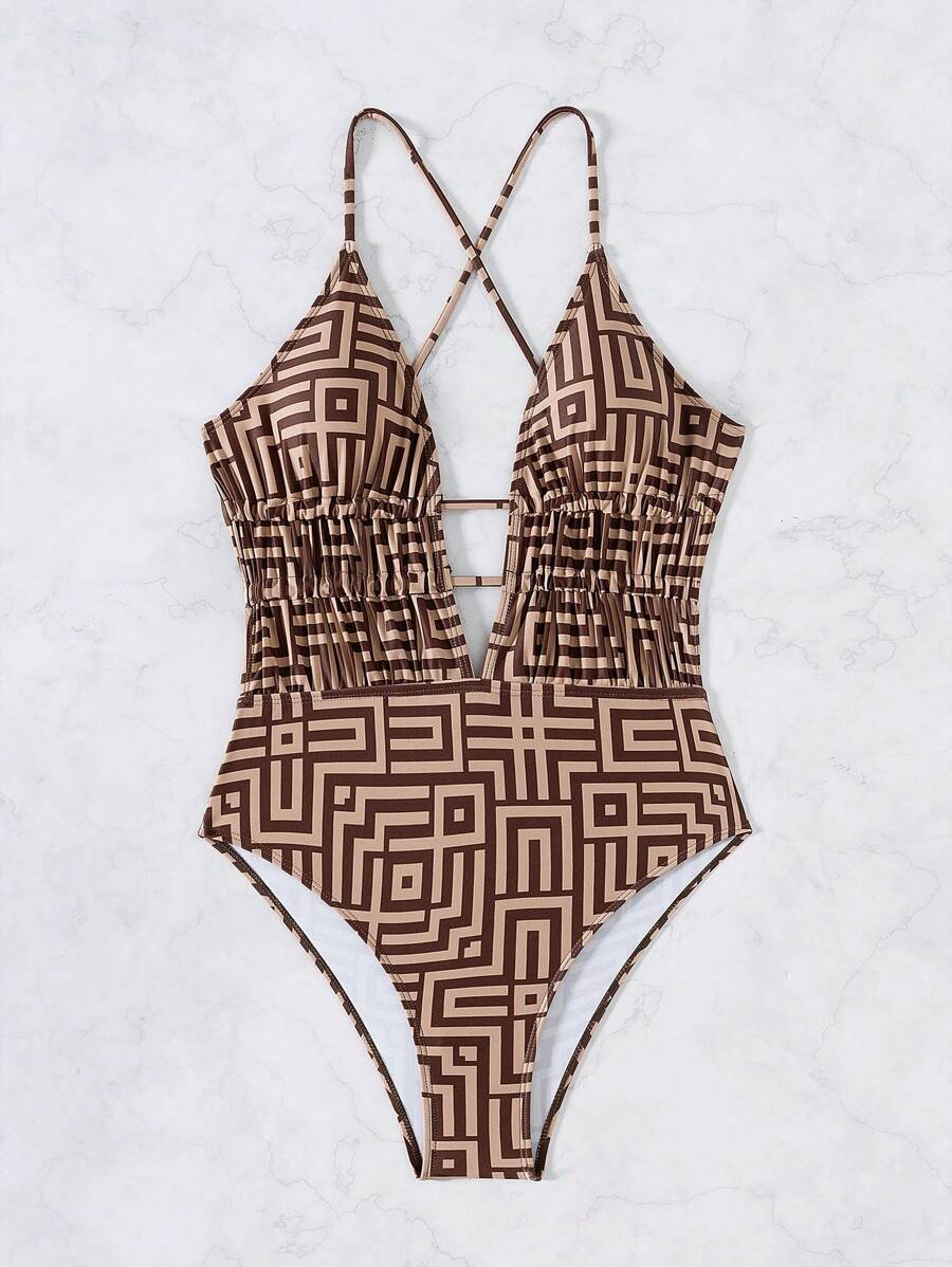 Maiô Estampado Com Recorte E Franzido